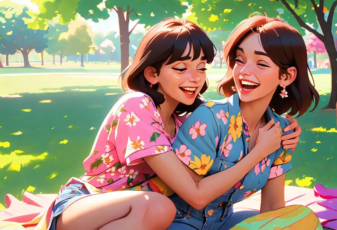 Two friends in a sunny park, laughing and hugging. One wearing a bohemian dress, the other in denim shorts and a floral blouse, surrounded by colorful picnic blankets..