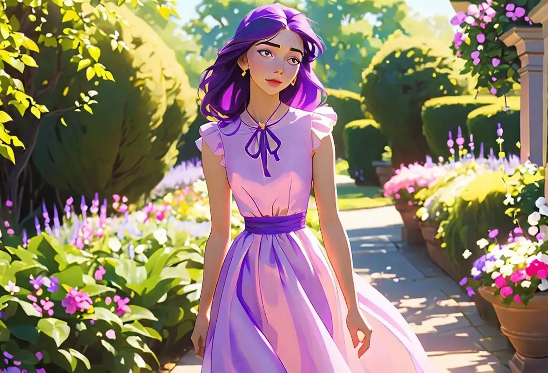 Young woman with a lupus awareness ribbon, wearing a flowy dress, sunny garden setting, with a hint of purple..