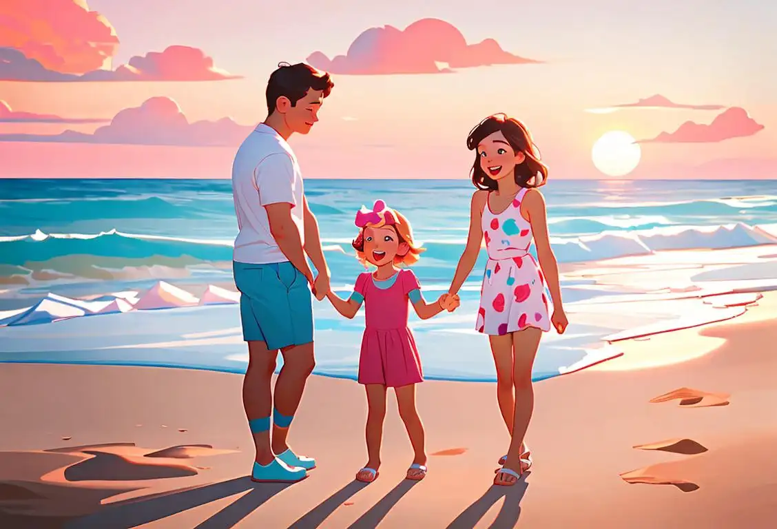 A cheerful family enjoying soft ice cream cones by the beach, with vibrant beachwear and a beautiful sunset in the background..