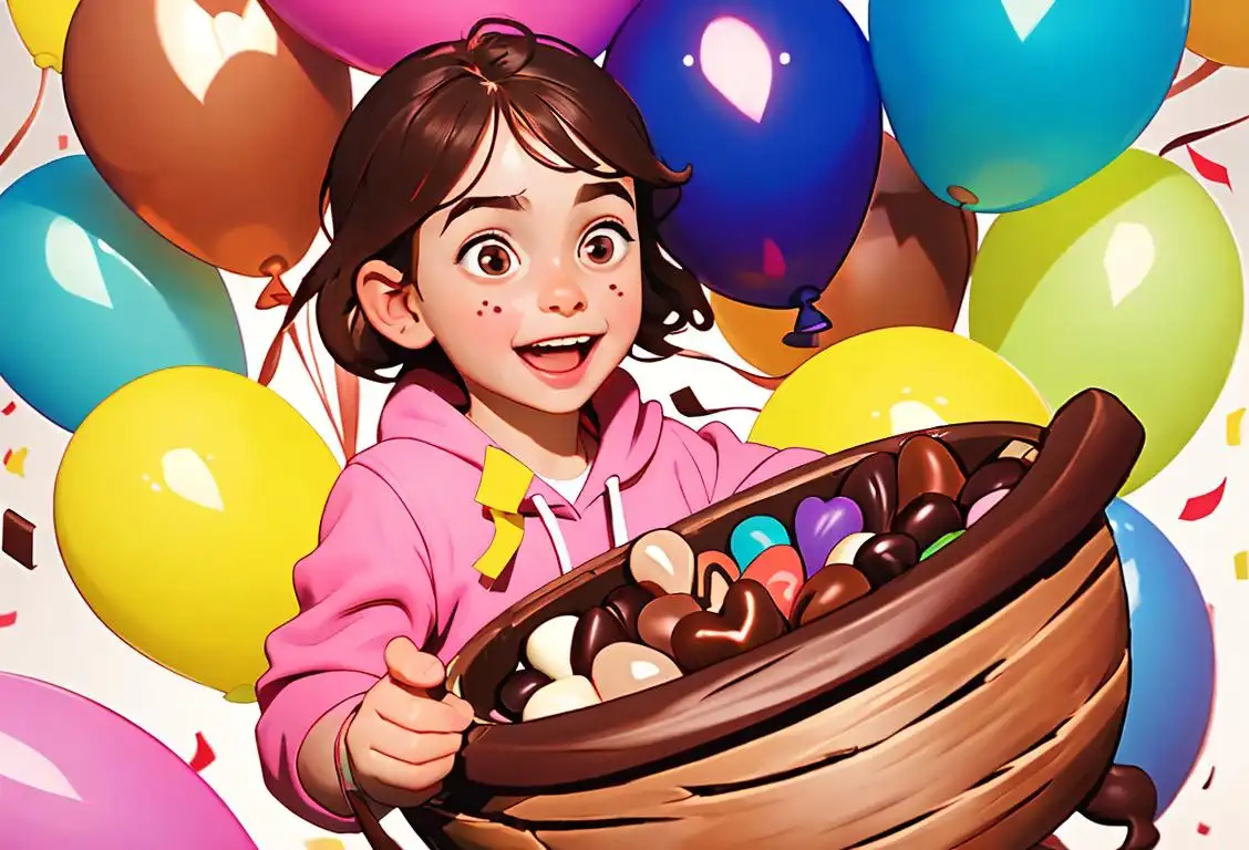A joyful child grasping a basket full of discounted chocolates, surrounded by colorful balloons and confetti..
