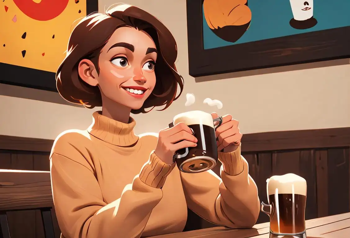 A cheerful person in a cozy sweater, holding a mug with coffee and beer symbols, sitting in a trendy coffee shop with autumn vibes..