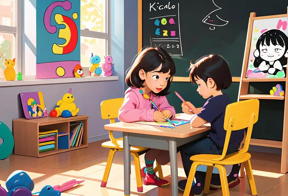 Young children sitting at a colorful table, happily drawing and sharing crayons, with an inviting classroom setting filled with toys and books..