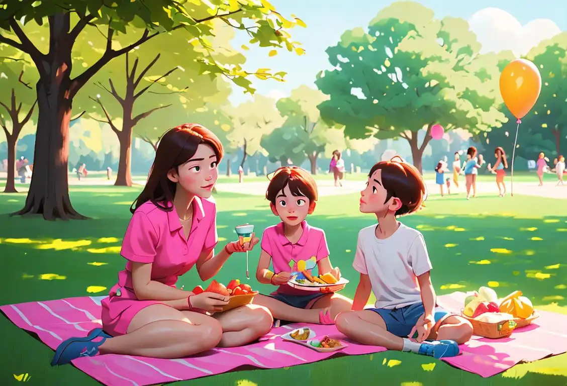 A family having a picnic in a park, wearing colorful summer outfits, enjoying outdoor activities and promoting safety..