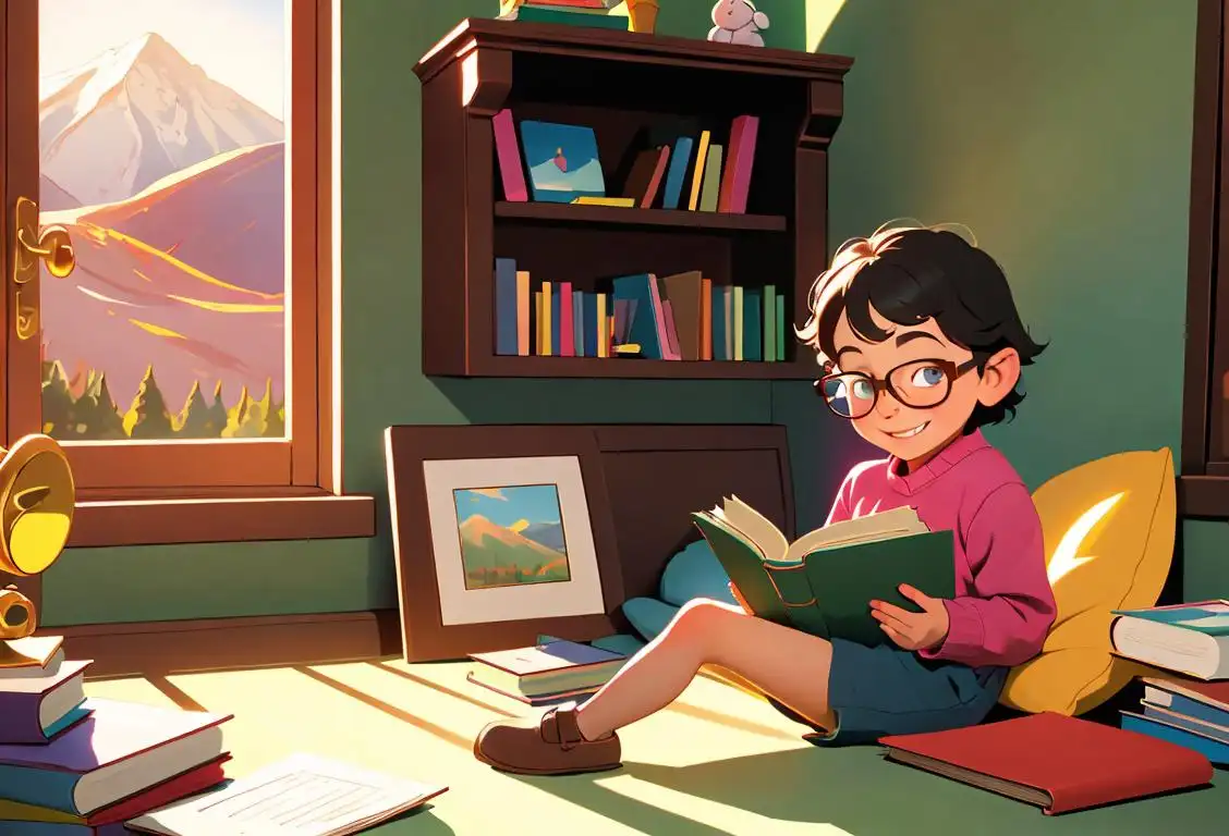 A child sitting in a cozy corner, surrounded by a mountain of colorful books, wearing a pair of glasses and a big smile..