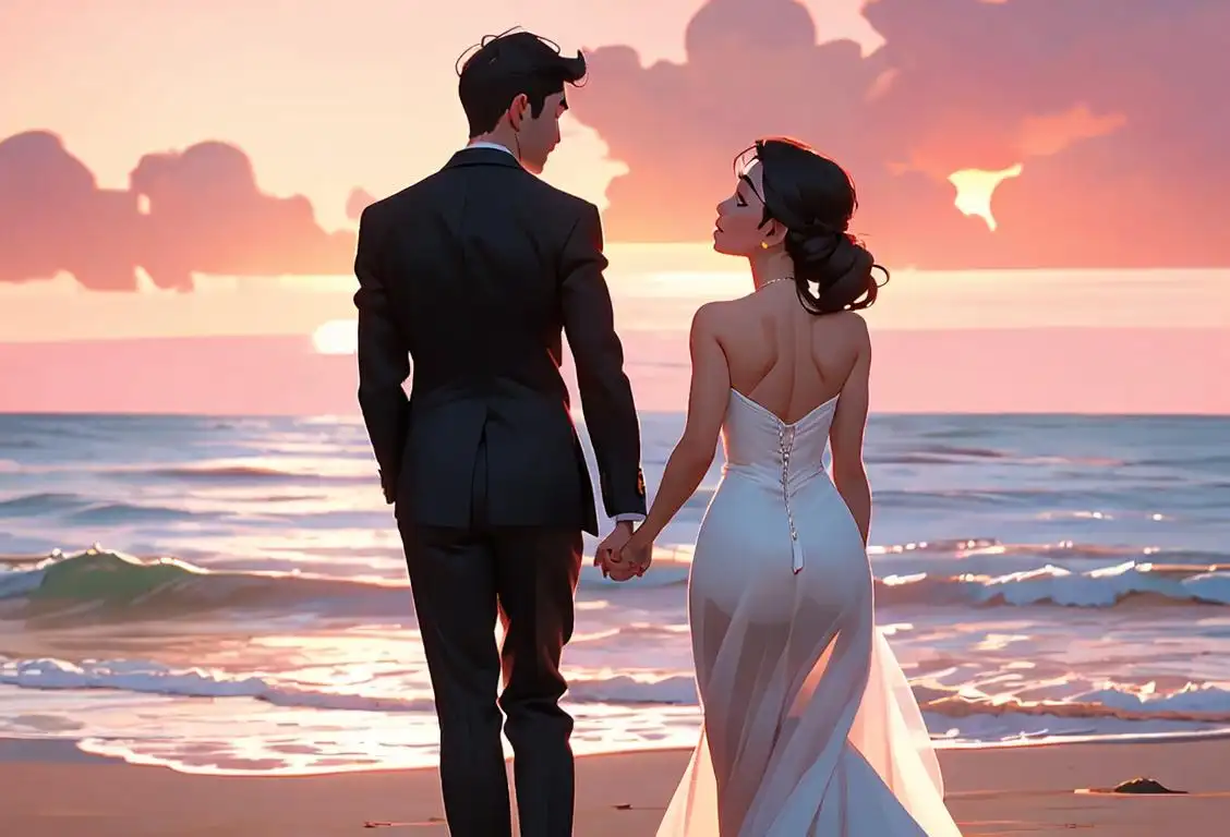 Young couple holding hands, dressed in formal attire, with a beautiful sunset beach in the background..