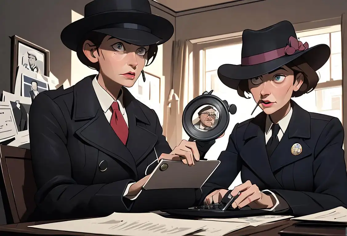 Two separate images: A man holding a magnifying glass while wearing a detective coat and hat, city crime scene. A woman typing feverishly on a laptop, wearing a news reporter badge, newsroom setting..