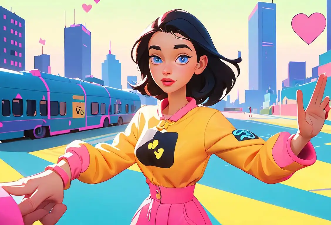 Young woman sending virtual hugs and digital high-fives, wearing a trendy outfit, modern city background, with colorful animated emojis in the air..