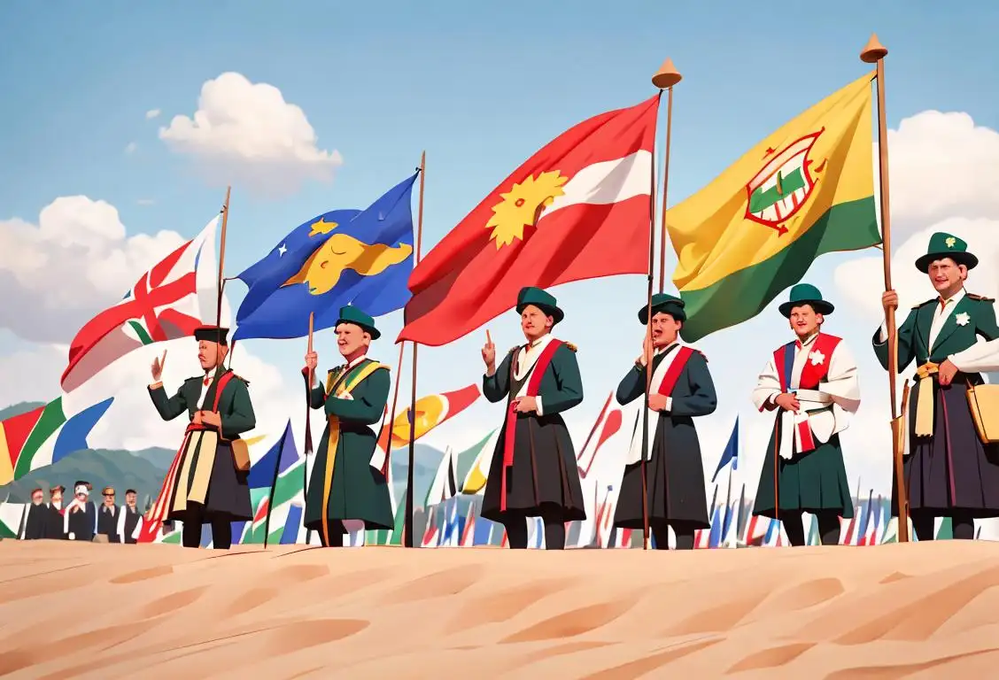 A group of diverse people proudly waving the national flag, wearing traditional clothing, in a vibrant outdoor setting..
