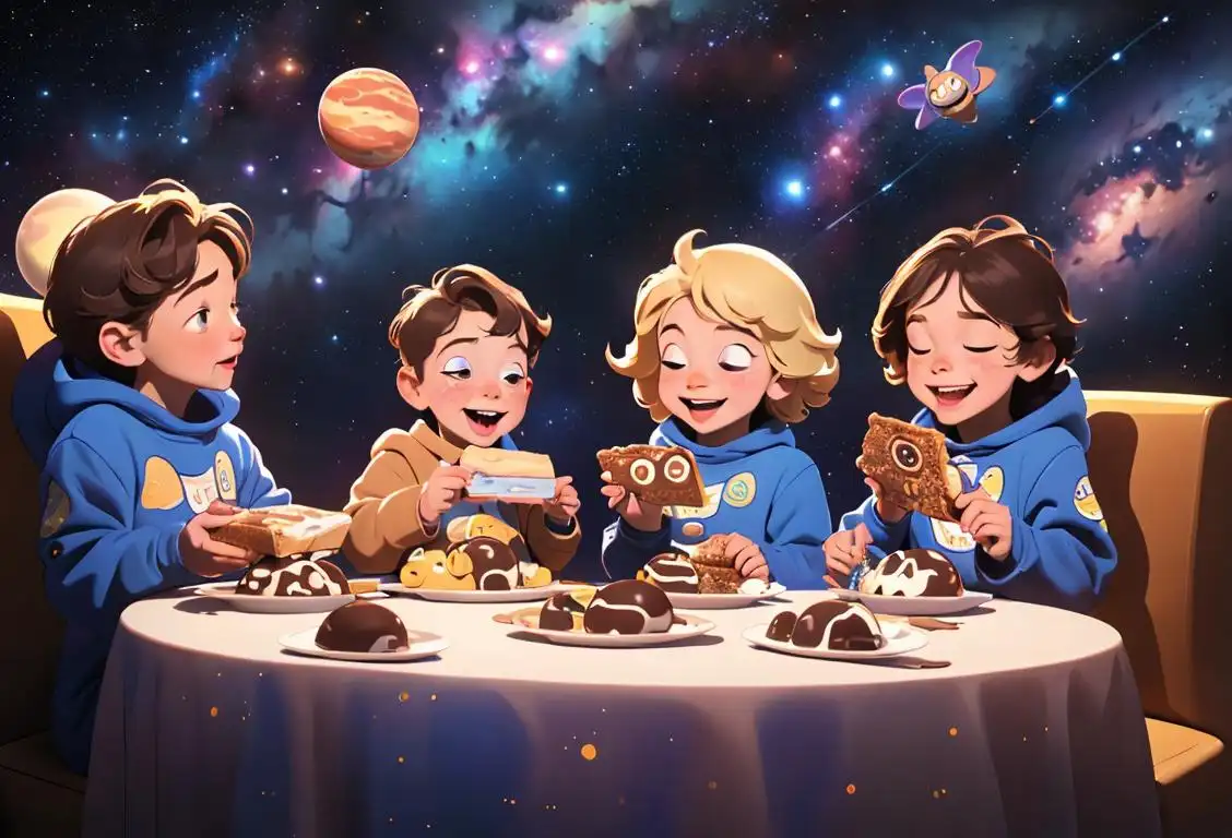 A group of happy children, dressed in fun space-themed costumes, enjoying delicious Milky Way bars, surrounded by stars and planets..