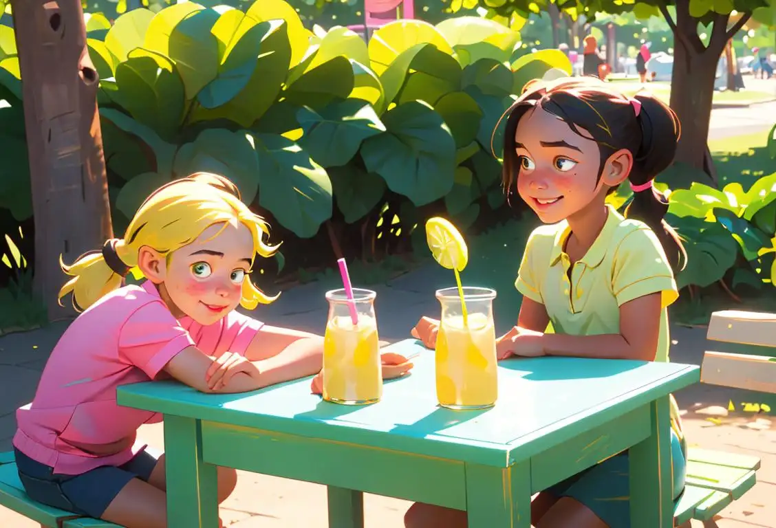 Cute little girl with messy pigtails selling lemonade from a brightly colored stand, surrounded by happy customers in a lush green park..