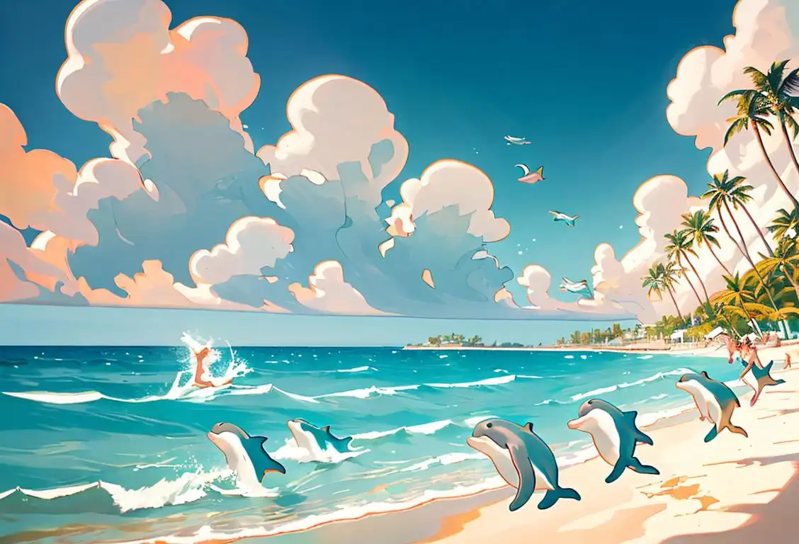 Playful dolphins leaping in the sparkling ocean waves, a group of children with wide smiles watching in awe, beach scene with colorful swimwear and palm trees..