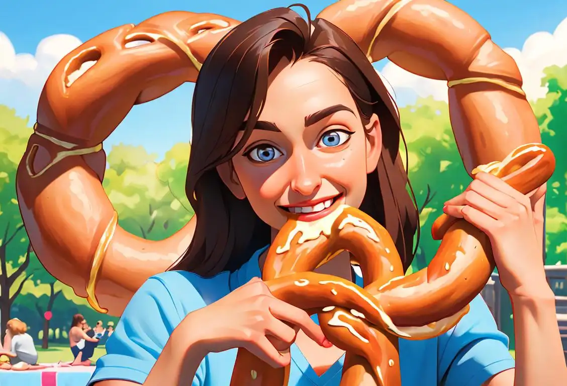 Happy person holding a pretzel, wearing comfortable clothes, enjoying a sunny park picnic..