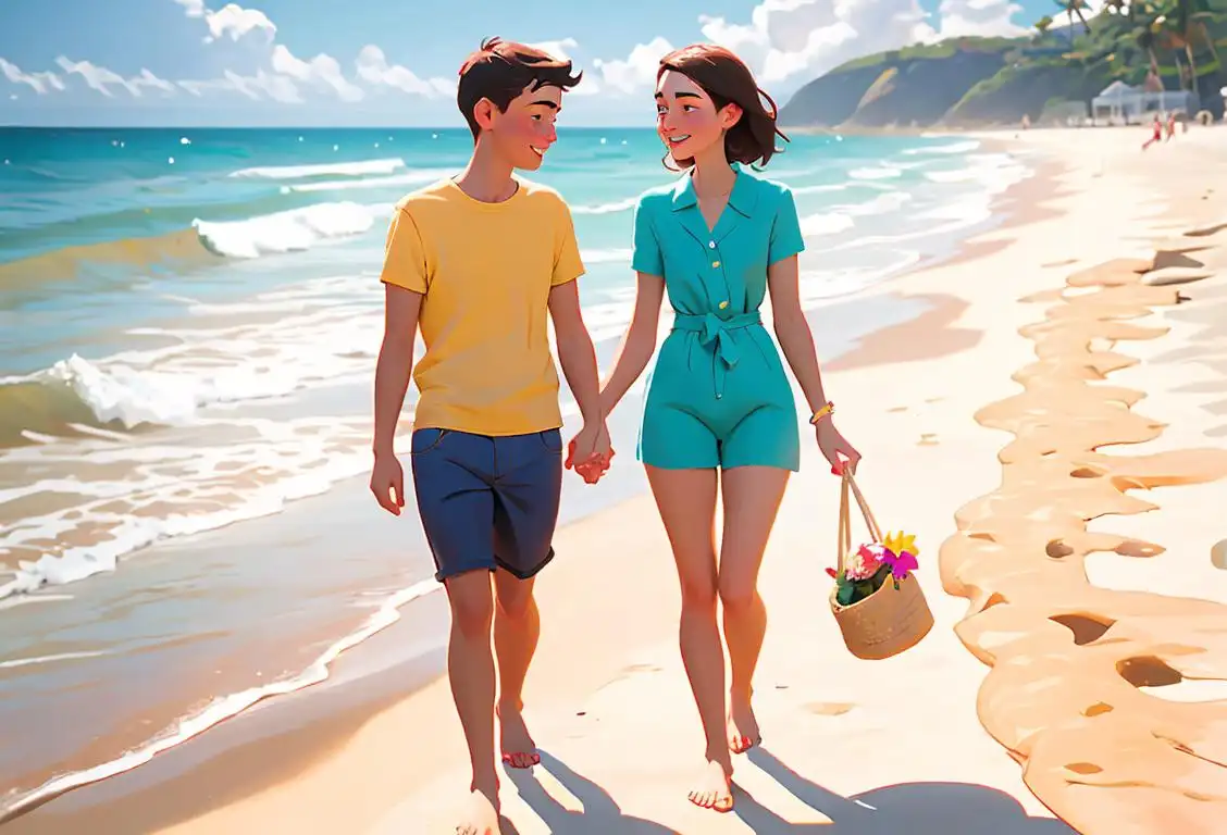 Young couple holding hands, walking on a sunny beach, wearing colorful beach attire, embracing body positivity..