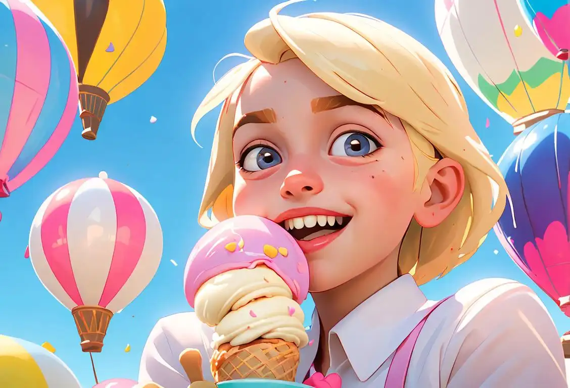 Visually delightful vanilla ice cream cone with colorful sprinkles, held by a cheerful child in a sunny park, surrounded by playful balloons and smiling faces..