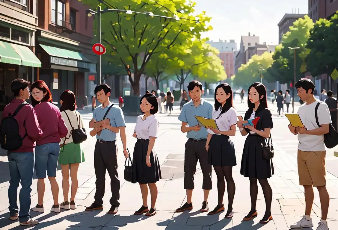 A group of diverse individuals solving math problems together outdoors, wearing casual clothes, urban setting..