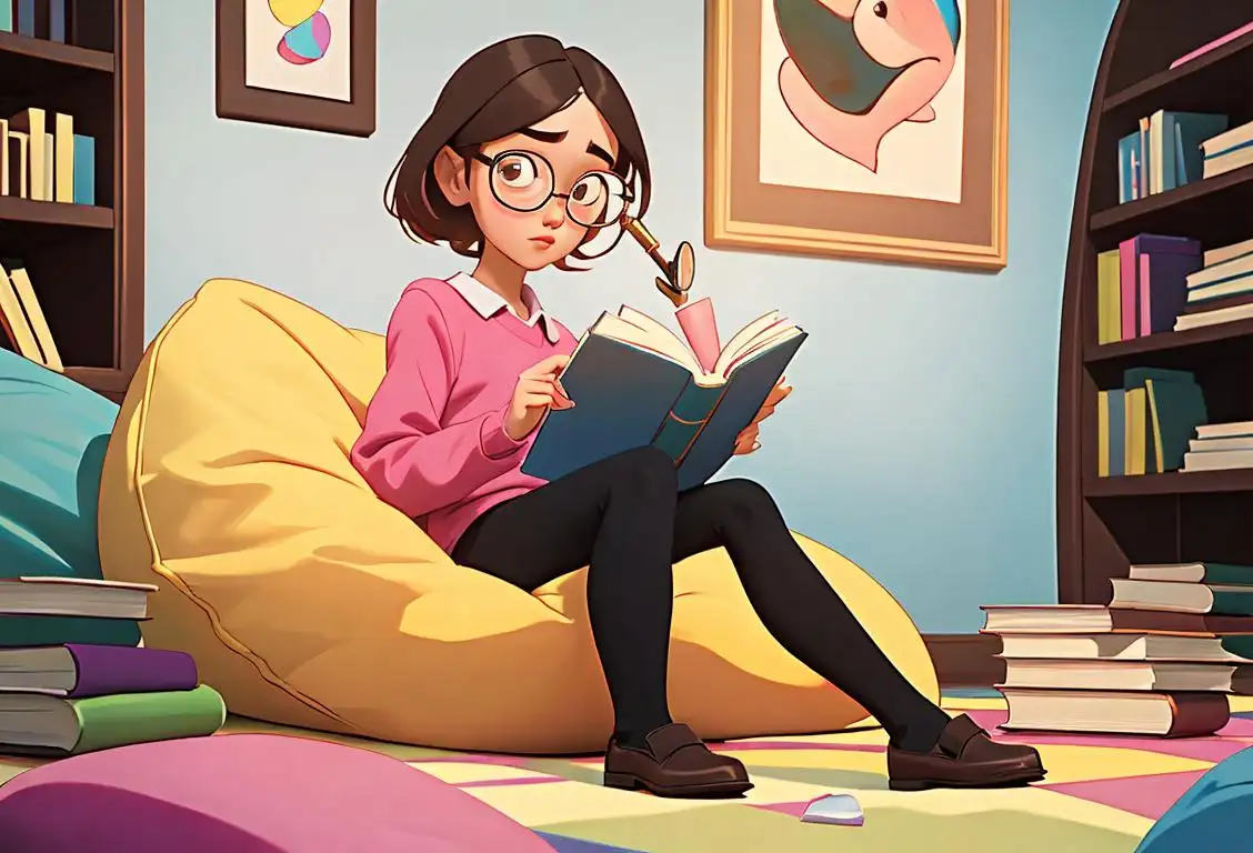 Young girl with glasses, sitting on a colorful bean bag chair, surrounded by a stack of books and holding a magnifying glass..