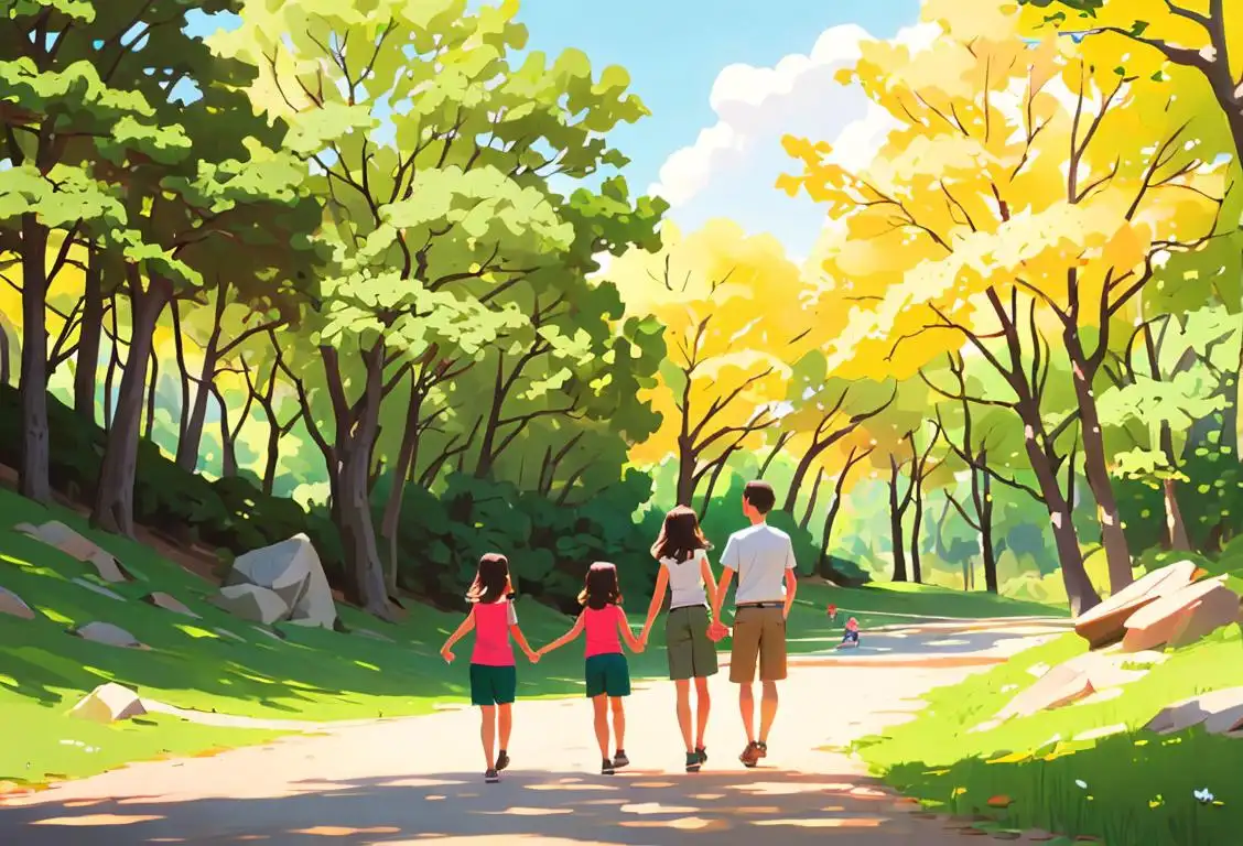 A family hiking together in a national park, wearing summer clothes, surrounded by beautiful nature..