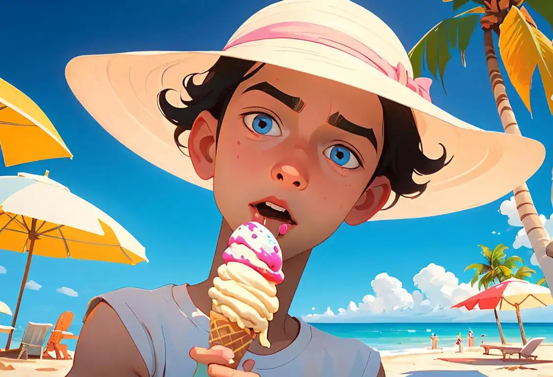 Young boy licking a dripping ice cream cone, wearing a sunhat, colorful beach scene with seashells and palm trees.