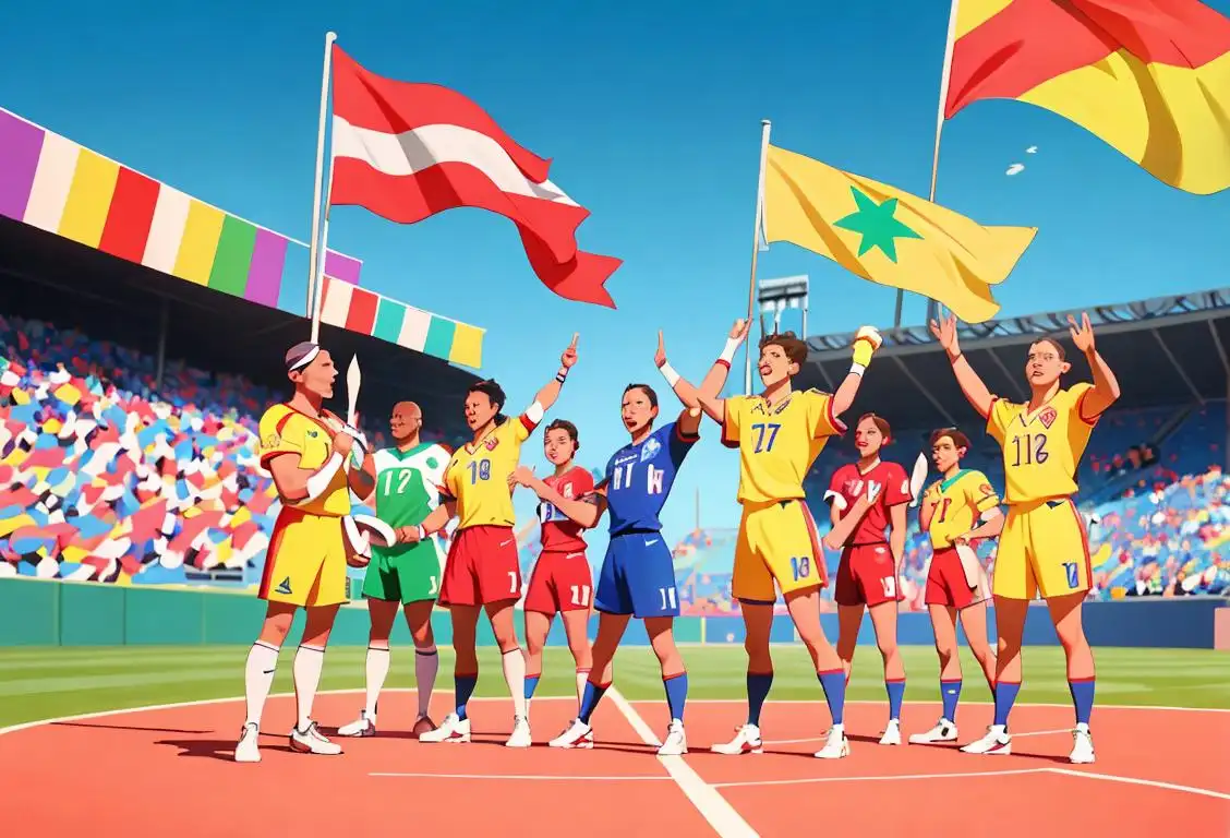 Group of diverse individuals wearing colorful jerseys, standing in front of a stadium, cheering and waving flags..