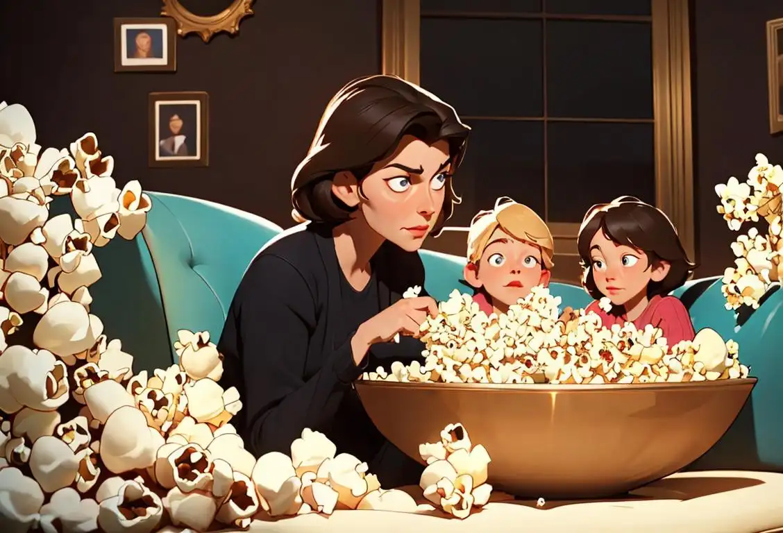 A family sitting on a cozy couch, with a big bowl of popcorn, watching a classic movie together..