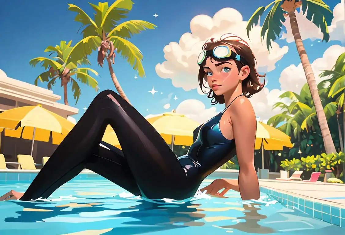 Young woman in a sleek swimsuit, with goggles and swim cap, diving into a sparkling pool surrounded by palm trees..