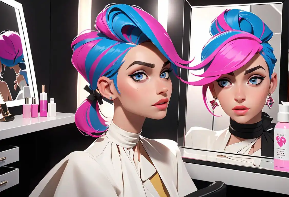 A stylish hairdresser in a trendy salon, with colorful hair accessories and modern hairstyles, surrounded by mirrors and hair products..