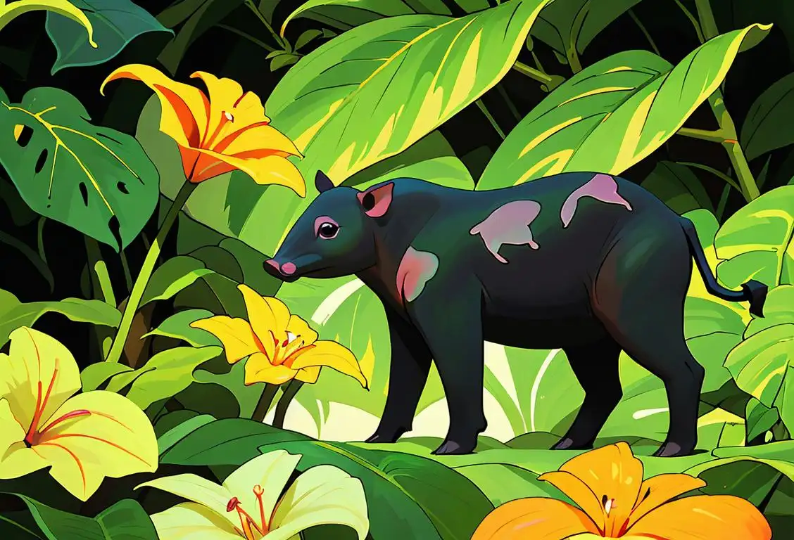 A cute tapir with distinctive markings, exploring a lush rainforest surrounded by colorful tropical flowers, conveying the beauty and charm of these remarkable creatures..