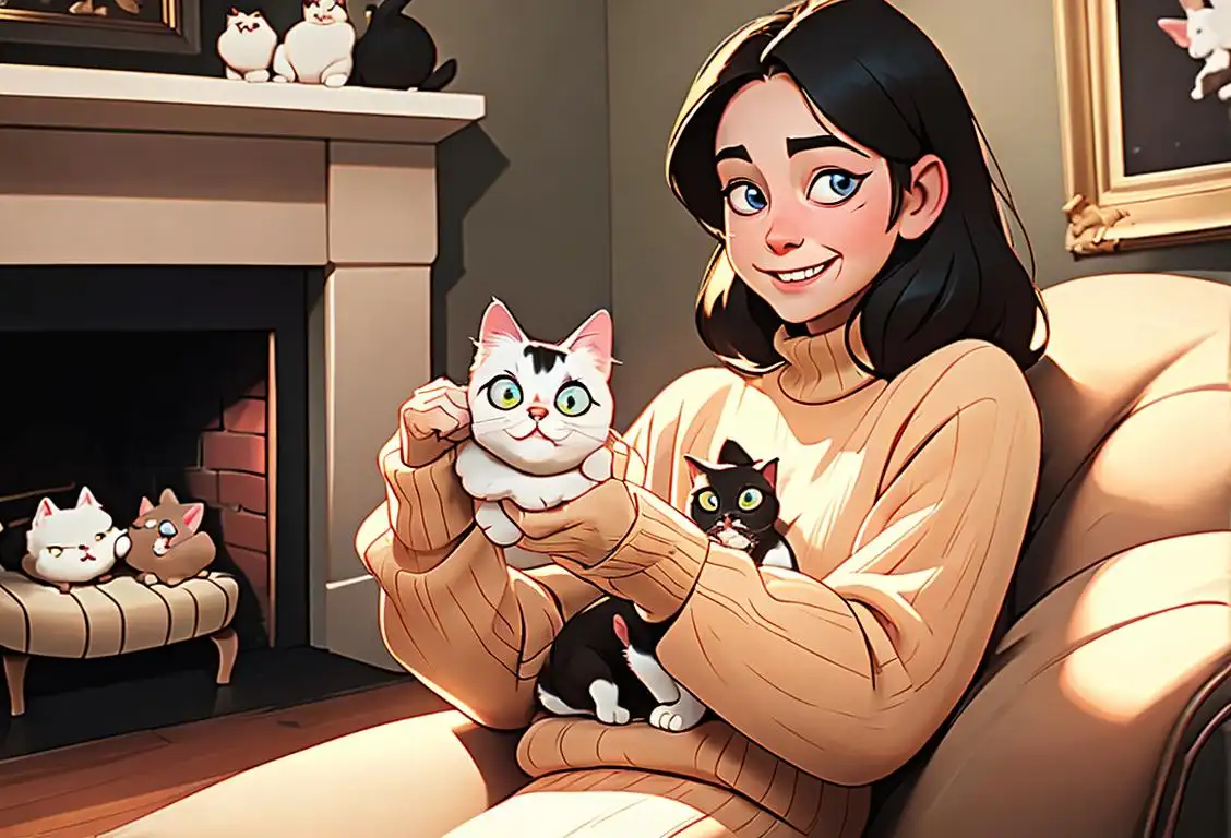A delighted cat owner holding a hairball, wearing a cozy sweater, cozy living room with cat-themed decor..