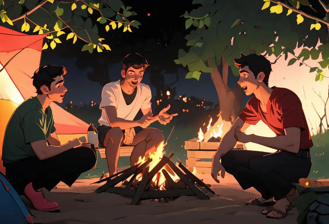 Young man telling a lively story by a bonfire, wearing casual attire, outdoor camping setting with friends..