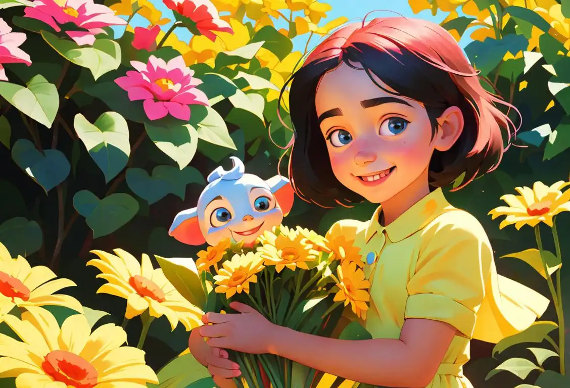 A smiling child holding a bouquet of flowers, dressed in a colorful outfit, surrounded by cheerful animals in a sunny garden..