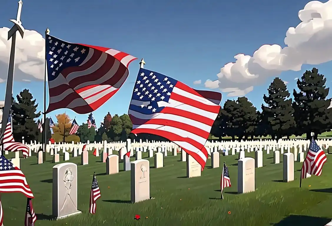 A peaceful scene at a National Cemetery with American flags gently waving in the wind, honoring our brave veterans on Veterans Day..