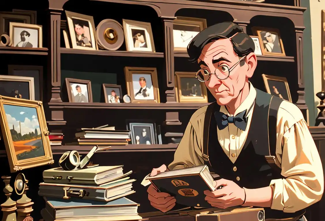 Vintage enthusiast browsing through an antique store, wearing suspenders and a bowtie, surrounded by old books and vinyl records..