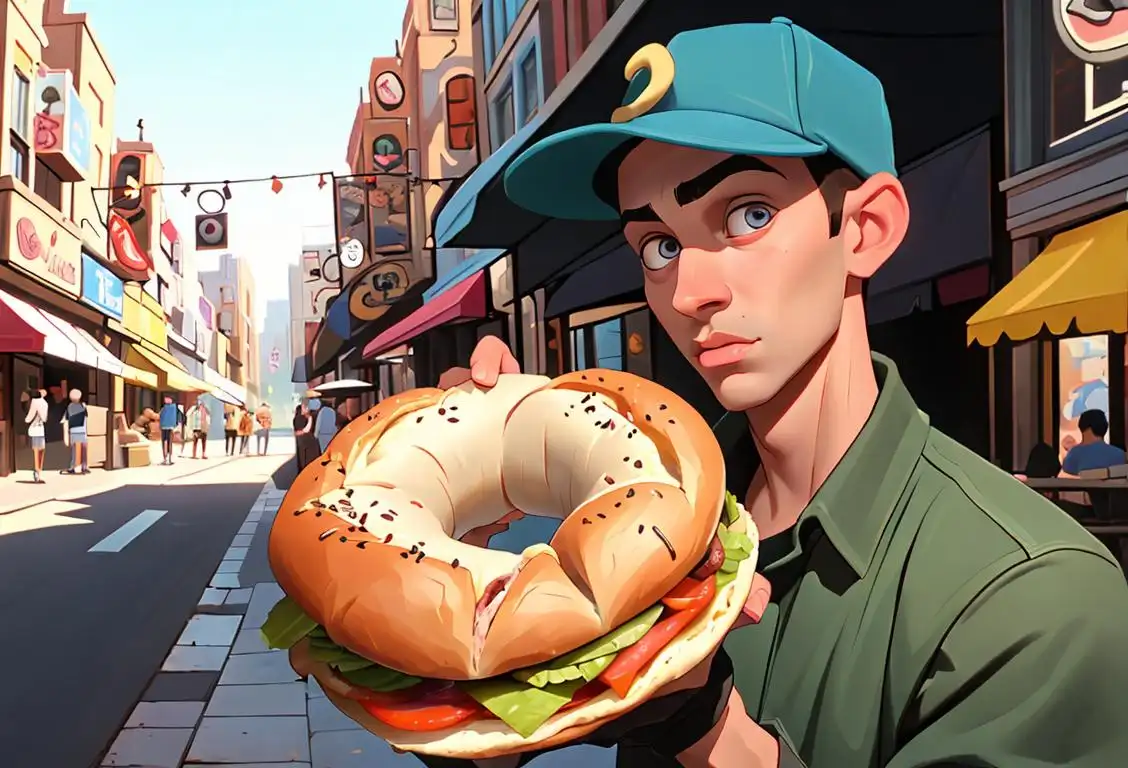 Young man holding a bagel sandwich with various toppings, wearing a trendy baseball cap, urban city street scene..