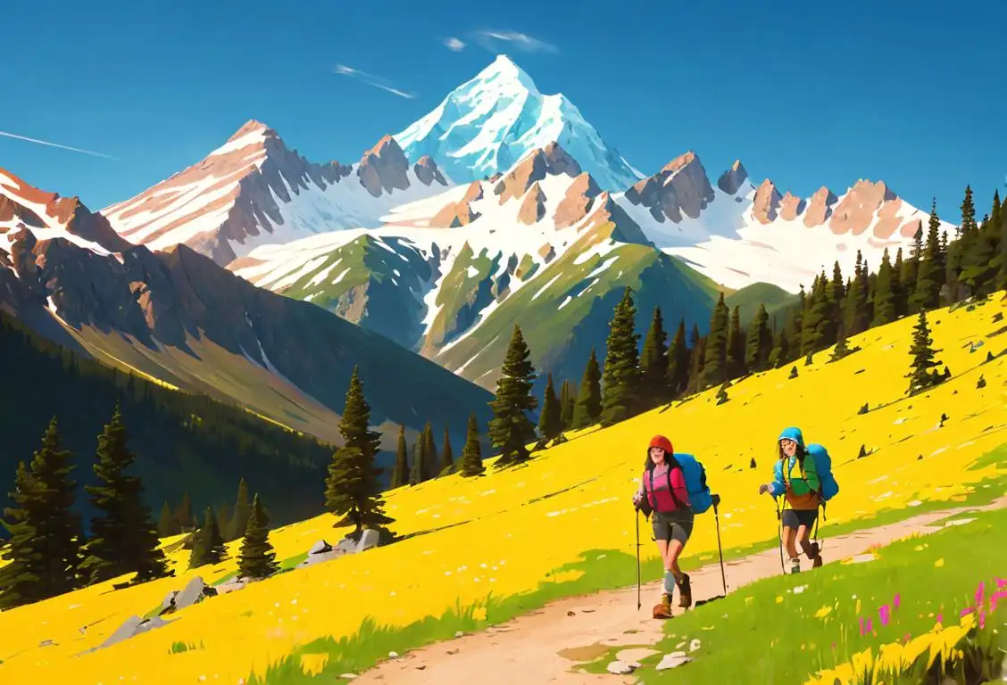 Happy hikers surrounded by majestic mountains, wearing colorful outdoor gear, exploring breathtaking views in sunny wilderness..