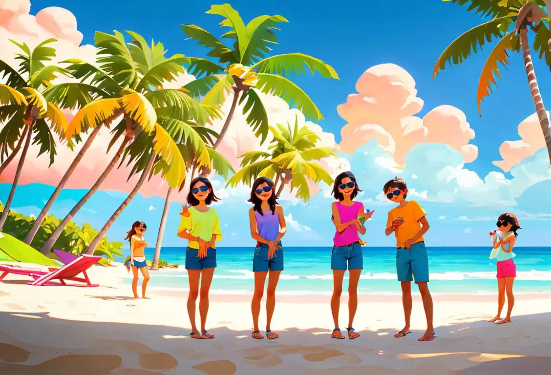 A group of people at the beach, joyfully wearing colorful flip flops, shorts, and sunglasses, surrounded by palm trees..