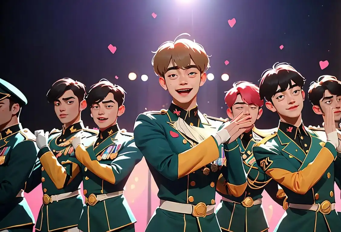 A joyful group of ARMY members wearing Taehyung-themed outfits, showcasing their love and admiration for their idol, in a vibrant concert setting..