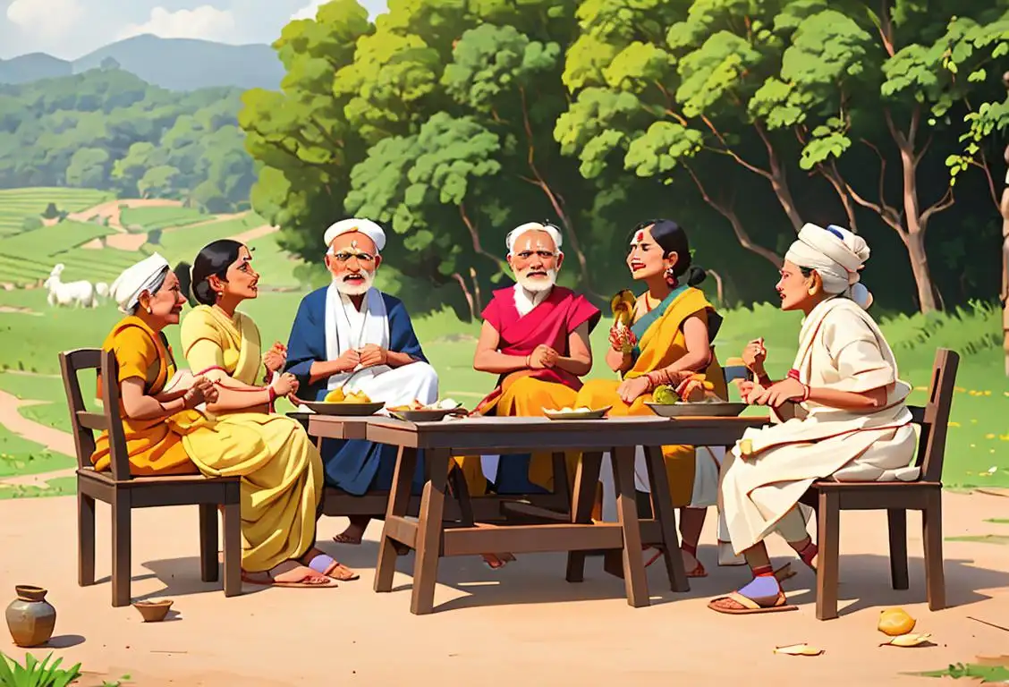 Cheerful group of people in traditional Indian attire, engaging in a lively discussion surrounded by rural scenery and symbolic panchayat tools..