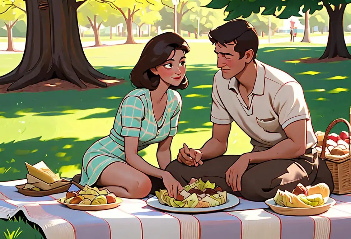 Young couple enjoying a Caesar salad picnic in a sunny park, with a vintage checkered blanket and classic picnic basket..