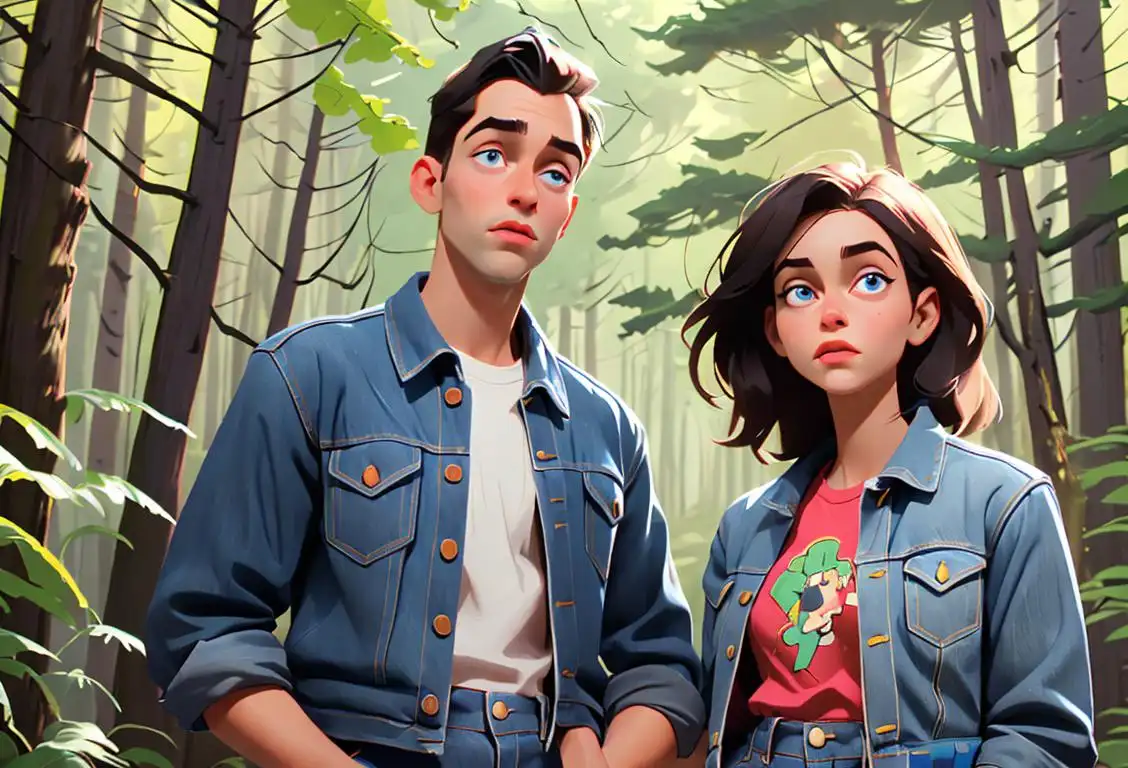 Young man and woman wearing matching denim jackets and jeans, exploring a forest trail on National Canadian Tuxedo Day..