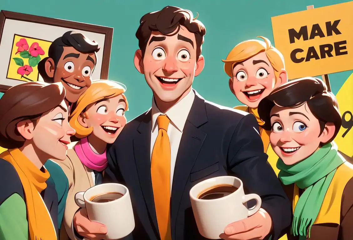 A cheerful and appreciative scene featuring a manager surrounded by a team of smiling employees, all holding coffee mugs and cheerful signs. The manager is wearing a professional outfit, with a quirky tie or a colorful scarf to show their personality. The office setting is vibrant and filled with plants and motivational posters. The team is gathered around a table that has a cake with the words 'Happy National Managers Day' written on it..