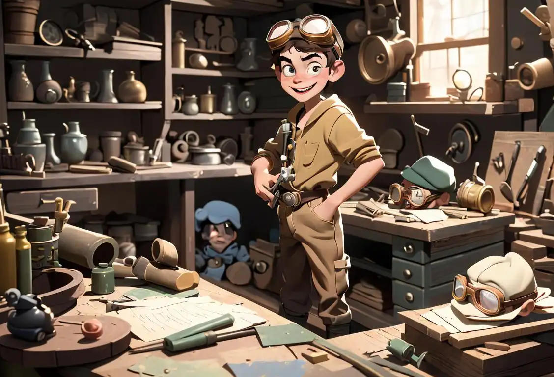 Young person with mischievous smile, wearing a hat with goggles and holding a toolbox, standing in a cluttered inventor's workshop..