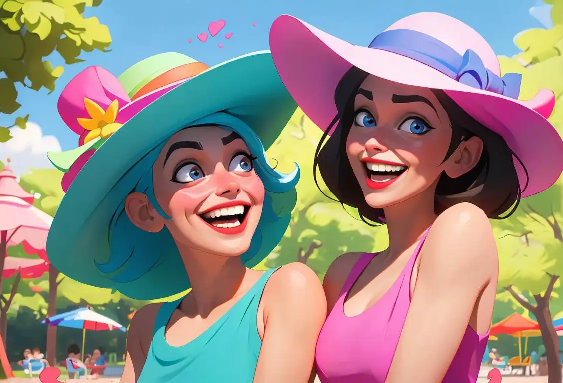 Two friends sharing a hearty laugh in a colorful park, wearing silly hats, vibrant summer fashion, celebrating National Jokes Day..