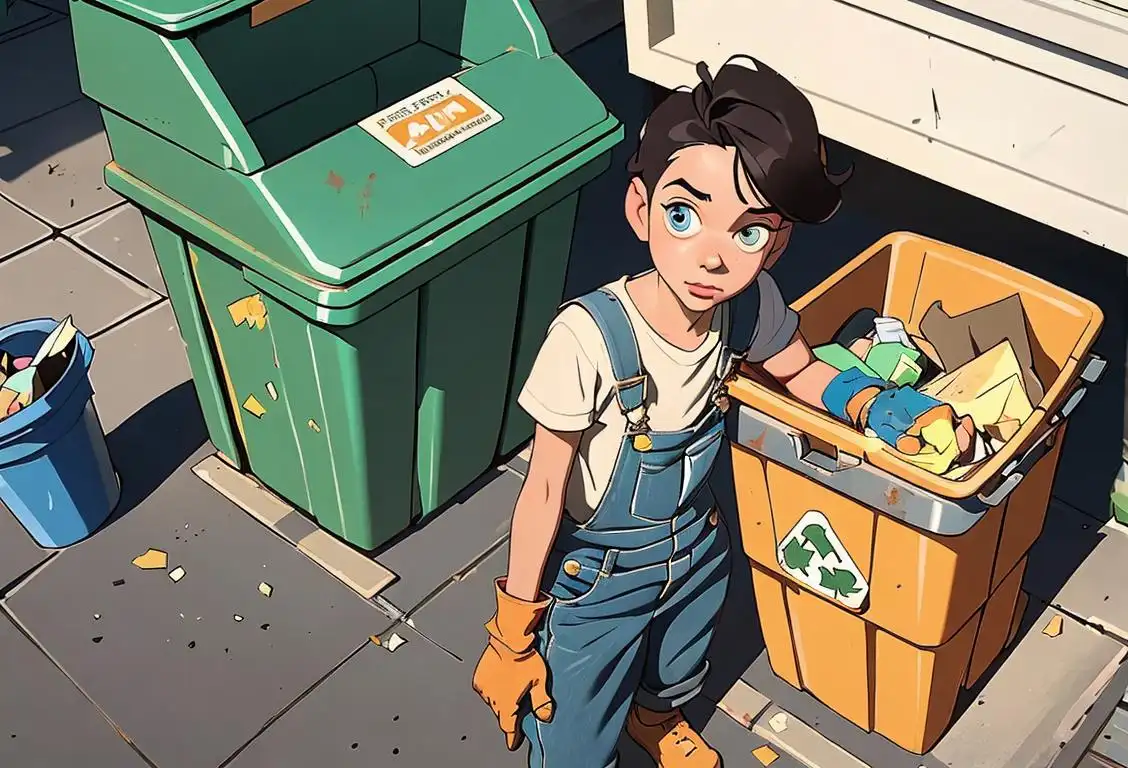 A person in overalls and gloves holding a trash bag, surrounded by recycling bins and a clean, organized neighborhood..