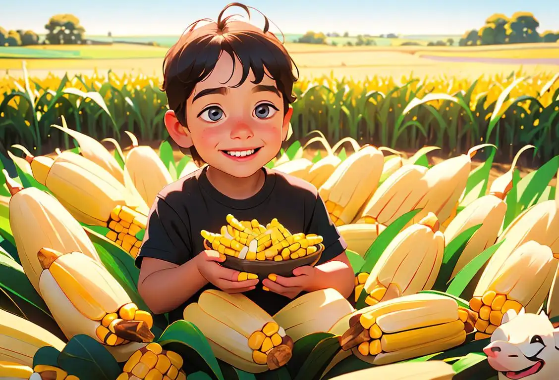 Young child in a cornfield, smiling and holding an ear of corn, surrounded by farm animals and a beautiful countryside scene..