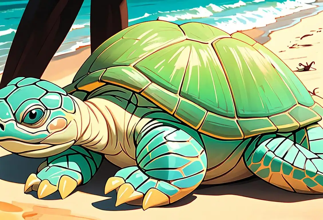 Close-up image of a person marveling at a beautiful turtle, wearing tropical attire, beach setting..