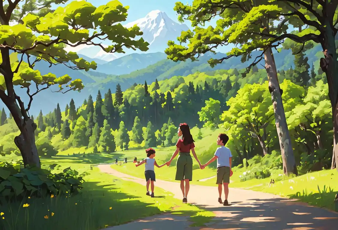Family enjoying a scenic hike in a national park, wearing casual outdoorsy clothing, surrounded by lush green trees and mountains..