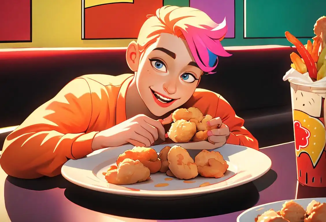 Happy person enjoying a plate of chicken nuggets, wearing casual attire, surrounded by a colorful and vibrant fast food restaurant ambiance..