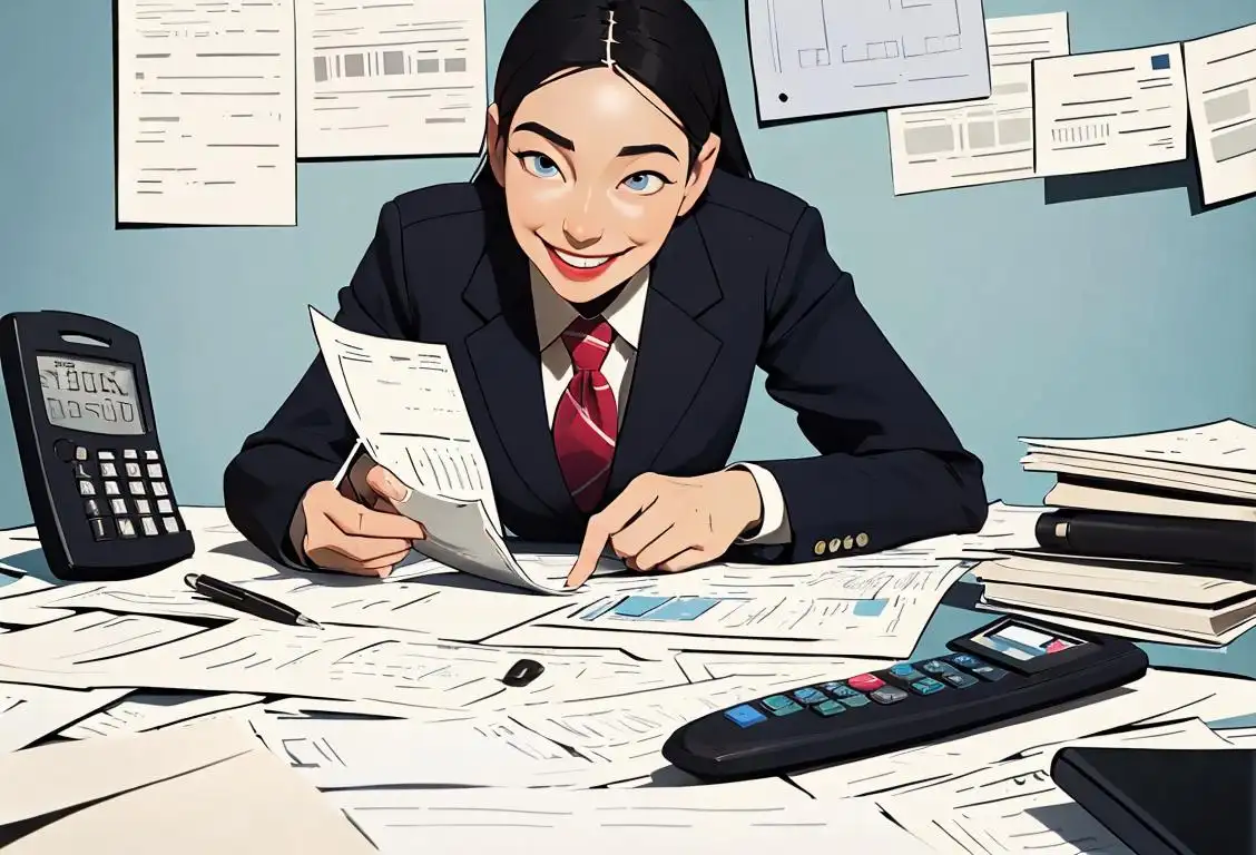 A smiling individual holding a calculator, dressed in business attire, surrounded by financial documents. .