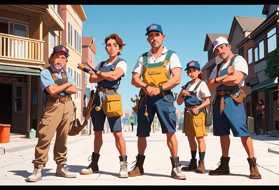 A group of skilled tradespeople, wearing tool belts, with diverse backgrounds, representing various trades, standing in front of a neighborhood backdrop..