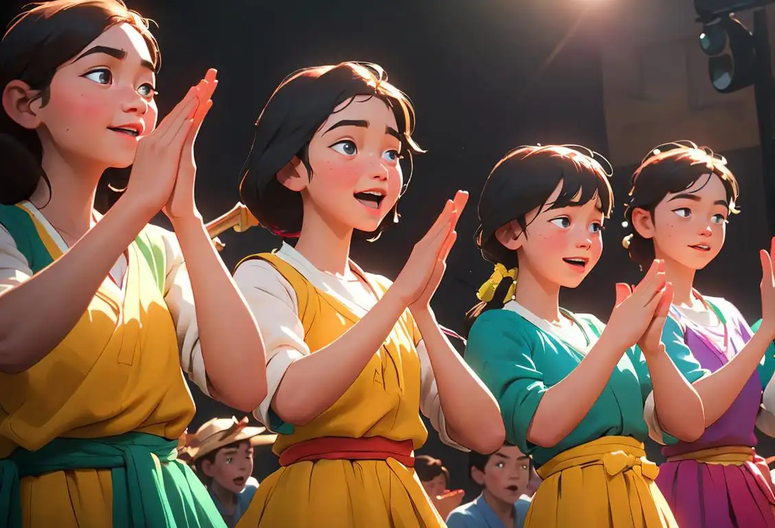 A group of young musicians playing lively folk tunes, wearing colorful traditional attire, surrounded by a joyful crowd dancing and clapping their hands..